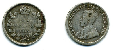 КАНАДА 5 ЦЕНТОВ 1916 ГЕОРГ V серебро 46-628