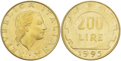 Италия 200 лир 1995 R, шестерня KM 105 алюминиевая бронза 4529-216