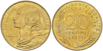 Франция 20 сантимов 1978 тип Marianne KM 930, Le Franc 156.18 медь алюминий никель 4513-335