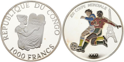 Конго 1000 франков 1997 XVI чемпионат мира по футболу 1998 года во Франции, эйфелева башня, цветная эмаль KM 55 серебро PROOF 04-138-32