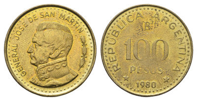 Аргентина 100 песо 1980 KM 85a сталь плакированная латунью aUNC 4663-712