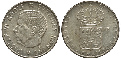Швеция 1 крона 1967 U, Густав VI Адольф (1950-1973) KM 826 серебро 4178-514