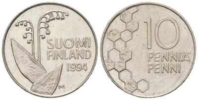 Финляндия 10 пенни 1994 M KM 65 медно-никель aUNC 99-1262