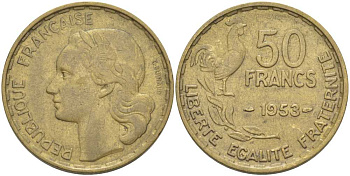 ФРАНЦИЯ 50 ФРАНКОВ 1953 ПЕТУХ KM 918.1, LE FRANC 425.10 алюминиевая бронза 111-1023