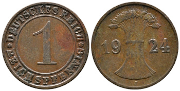 ГЕРМАНИЯ 1 РЕЙХСПФЕННИГ 1924 J KM 37, J. 313 бронза 39-852
