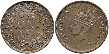 Британская Индия 1/4 анна 1942 Георг VI (1937-1952) KM 531 бронза aUNC 4178-415