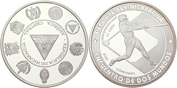 Никарагуа 10 кордоба 2007 VII Иберо-Американские игры, бейсбол KM 107 серебро  PROOF  1091-7-21