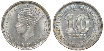 Британская Малайя 10 центов 1943 Георг VI (1937-1952) KM 4a серебро 53-258