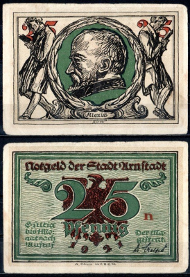 Арнштадт (Тюрингия) 25 пфеннигов 1921 Mehl Grabowski 43.2-3/6 бумага 7556-31-1-1