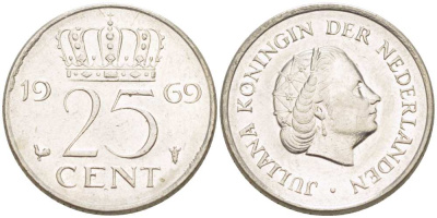 Нидерланды 25 центов 1969 Юлиана (1948-1980) KM 183 никель 3955-157