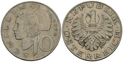 Австрия 10 шиллингов 1974 KM 2918 медно-никель 4167-452