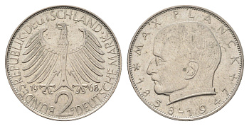 ФРГ 2 марки 1968 G, Макс Планк KM 116, J. 392 медно-никель 94-547