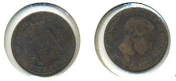 Испания 10 сентимо 1878 ОМ, Альфонсо XII KM 675 бронза    4149-345