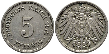 ГЕРМАНИЯ 5 ПФЕННИГОВ 1912 G KM 11, Jager 12, Weege 6 медно-никель 4547-533