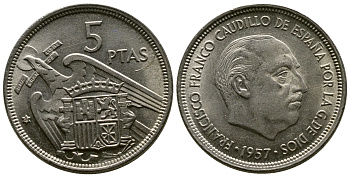ИСПАНИЯ 5 ПЕСЕТ 1957 (58) ФРАНСИСКО ФРАНКО ДИКТАТОР ИСПАНИИ (1939-1975) KM 786 медно-никель UNC 3334-214