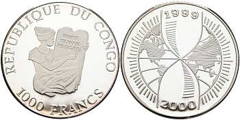 Конго 1000 франков 1998 миллениум, переход в новое тысячелетие (1999-2000) серебро PROOF 04-319-45
