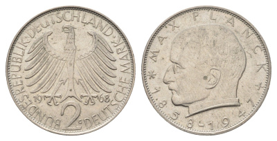 ФРГ 2 марки 1968 G, Макс Планк KM 116, J. 392 медно-никель 94-547