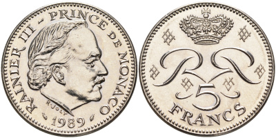 Монако 5 франков 1989 Ренье III (1949-2005) KM 150  медно-никель плакированный никелем    4140-1125