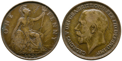 Великобритания 1 пенни 1921 Георг V (1910-1936) KM 810, Spink 4051 бронза 37-434