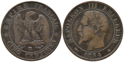 Франция 5 сантимов 1854 BB, Наполеон III (1852-1870) KM 777.3, Le Franc 116.10 бронза бронза 67-121