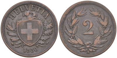 ШВЕЙЦАРИЯ 2 РАППЕНА 1850 А, ПЕРВЫЙ ГОД KM 4.1 бронза 188-263