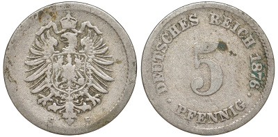Германия 5 пфеннигов 1876 G, старогербовка KM 3, J. 3 медно-никель 51-3816