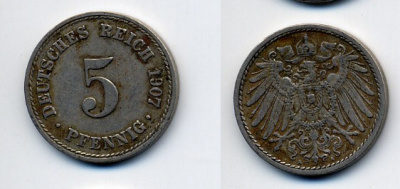 ГЕРМАНИЯ 5 ПФЕННИГОВ 1907 A, KM 11, J. 12 медно-никель 84-917