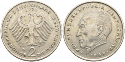 ФРГ 2 МАРКИ 1973 G, КОНРАД АДЕНАУЭР KM 124, J. 406 медно-никель плакированный никелем 3856-246