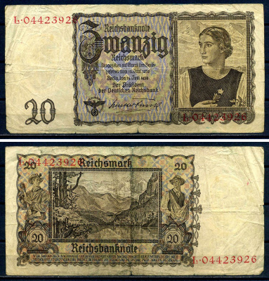 Германия 20 рейхсмарок 1939 Pick 185 бумага 7552-50-2-1