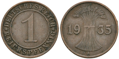 Германия 1 рейхспфенниг 1935 A KM 37, J. 313 бронза 4528-557