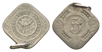 Нидерландские Антильские острова (Нидерландские Антилы) 5 центов 1957 на кулоне KM 6 медно-никель 4379-856