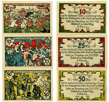ЛУТТЕР-ам-БАРЕНБЕРГЕ ЛОТ ИЗ 3 БАНКНОТ 1921 30 ДЕКАБРЯ 1920, НОТГЕЛЬД (10, 25, 50 ПФЕННИГОВ), ЗХЕМЛЯ НИЖНЯЯ САКСОНИЯ Grabowski 847.1 бумага 2193-5-1-2