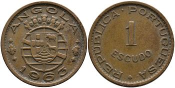 Португальская Ангола 1 эскудо 1963 KM 76 бронза 33-923