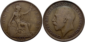 Великобритания 1 пенни 1919 Георг V (1910-1936) KM 810, Spink 4051 бронза 179-953