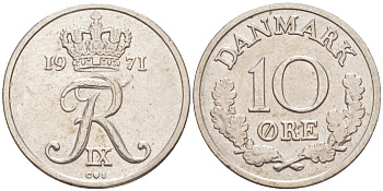 ДАНИЯ 10 ЭРЕ 1971 C; S, ФРЕДЕРИК IX (1947-1972) KM 849.1 медно-никель 105-527
