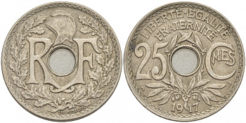 Франция 25 сантимов 1917 KM 867а медно-никель 633-1042