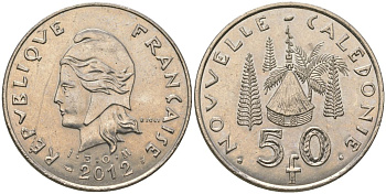 Французская Новая Каледония 50 франков 2012 хижина среди сосен и пальм, (IEOM) KM 13a, Schoen 15a, Lec 128i медно-никель 115-1035