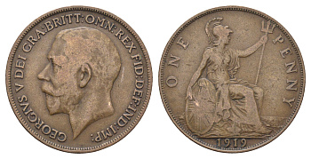Великобритания 1 пенни 1919 Георг V (1910-1936) KM 810, Spink 4051 бронза 4661-621