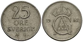 Швеция 25 эре 1962 Густав VI Адольф (1950-1973) KM 836 медно-никель 4136-914