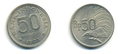 Индонезия 50 рупий 1971 райская птица KM 35 медно-никель UNC 3999-652
