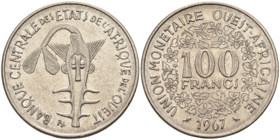 Валютное сообщество стран Западной Африки 100 франков 1967  KM 4 никель    4595-743