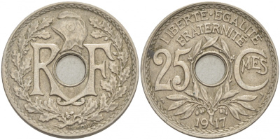 Франция 25 сантимов 1917 KM 867а медно-никель 633-1042