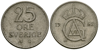 Швеция 25 эре 1962 Густав VI Адольф (1950-1973) KM 836 медно-никель 4136-914