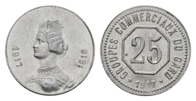Франция, Департамент садоводства жетон в 25 сантимов 1917 Elie mon 10.2 алюминий UNC 5010-1714