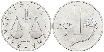 Италия 1 лира 1955 R, весы KM 91 алюминий  UNC  4594-739