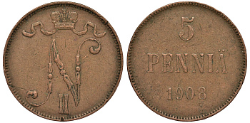 Россия для Финляндии 5 пенни 1908 Николай II (1894-1917) KM 15, Биткин 449 медь 75-752