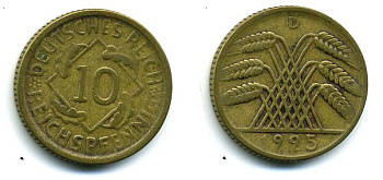 ГЕРМАНИЯ 10 РЕЙХСПФЕННИГОВ 1925 D KM 40, J.317 алюминиевая бронза 56-951