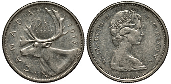 Канада 25 центов 1977 Елизавета II (1952-2022), олень карибу KM 62b никель 4182-525