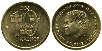 Швеция 10 крон 1993 B, Карл XVI Густав (1973- ) KM 877 медь алюминий цинк PROOFLIKE 45-547