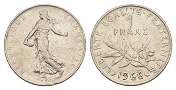 Франция 1 франк 1966 сеятель KM 925.1, Le Franc 226.11 никель 4631-533